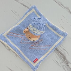Blue and White Baby Security Blanket with Bear